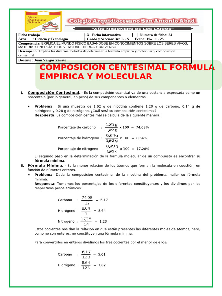 Composición Centesimal y Fórmulas Moleculares | PDF | Mole (Unidad ...
