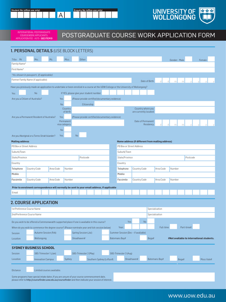 UOW Postgraduate Course Application Form | PDF | Visa Inc. | Travel Visa