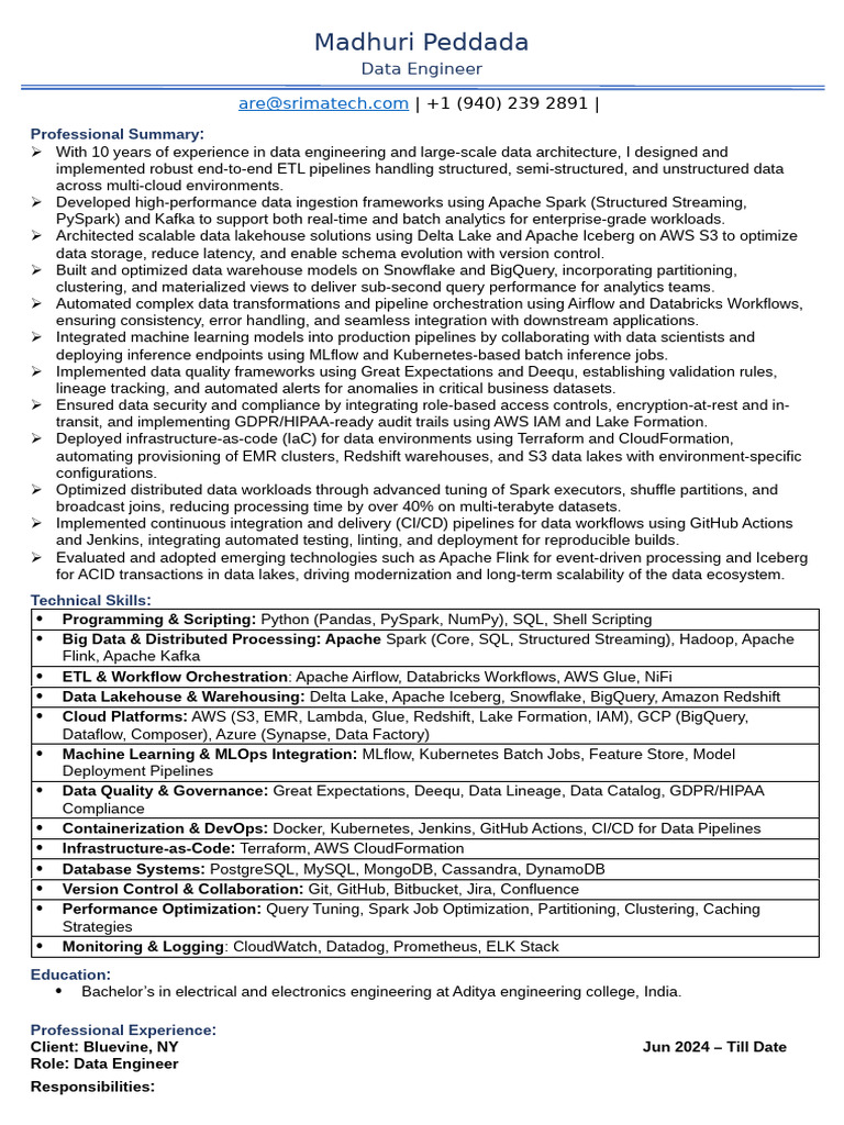 Data Engineer Resume: ETL & Cloud Expertise | PDF | Apache Spark ...
