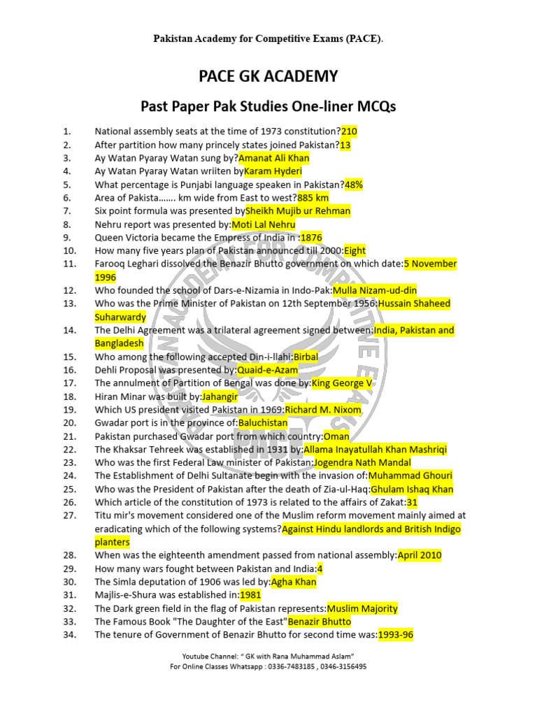 Pak Studies One-Liner Notes (PACE GK ACADEMY) | PDF | Pakistan ...