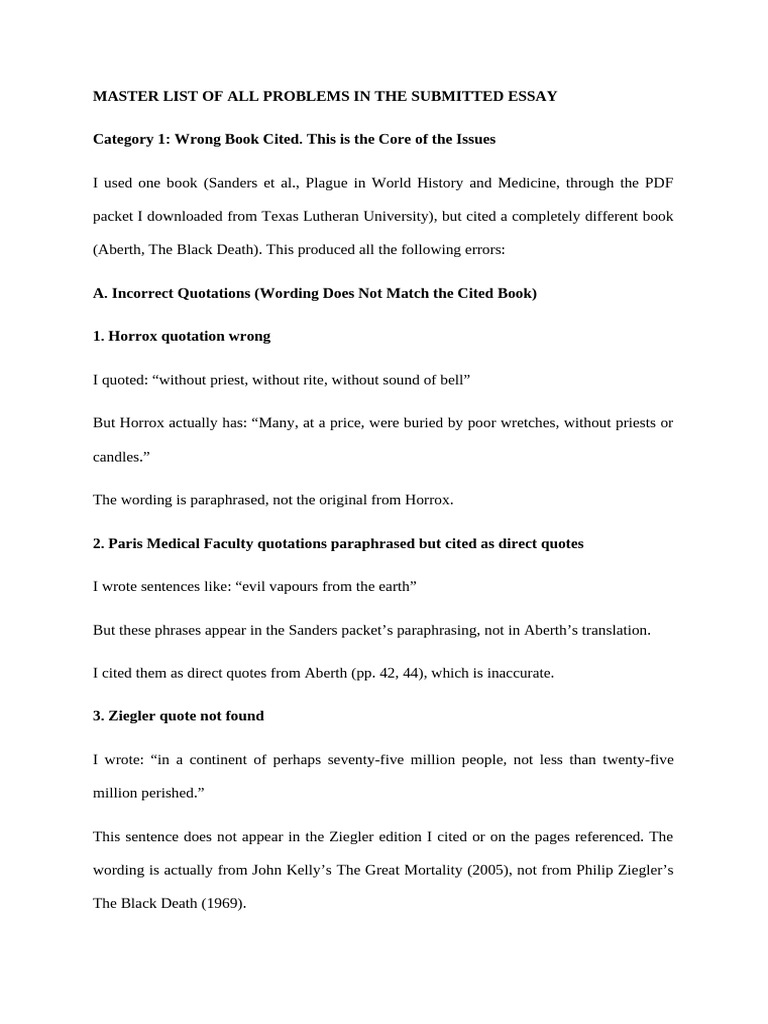 Master List of the Problems in the Submitted Essay | PDF