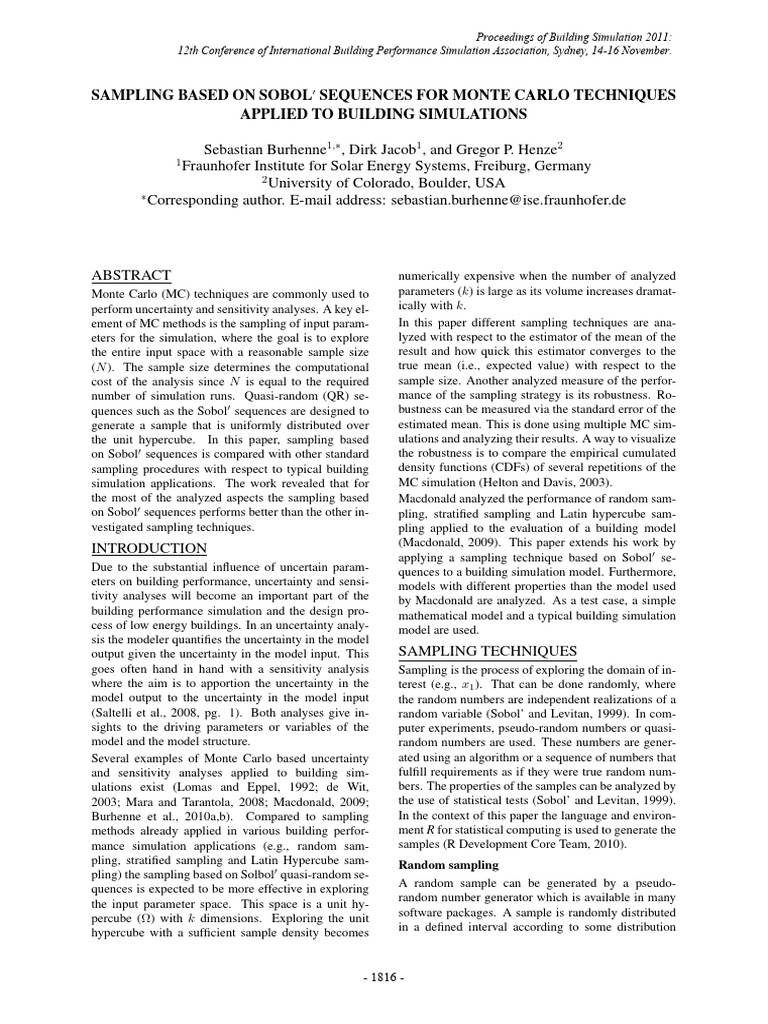 Sobol' Sequences in Monte Carlo Building Simulations | PDF ...