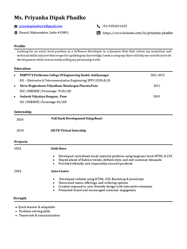 Mrs.priyanka Dipak Phadke Resume Software Engg!!! | PDF | Software ...