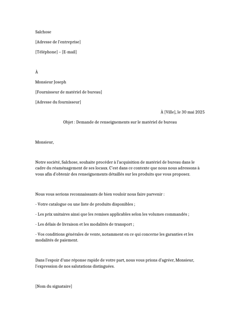 Demande de renseignements matériel bureau | PDF
