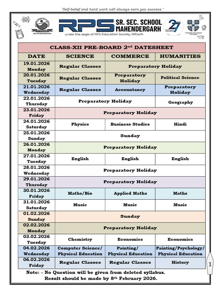 Class XII Pre-Board Exam Datesheet 2026 | PDF