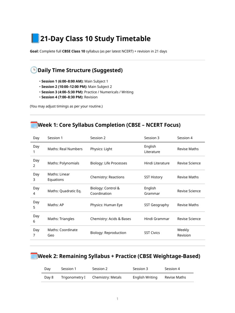 21-Day CBSE Class 10 Study Plan | PDF | Mathematics