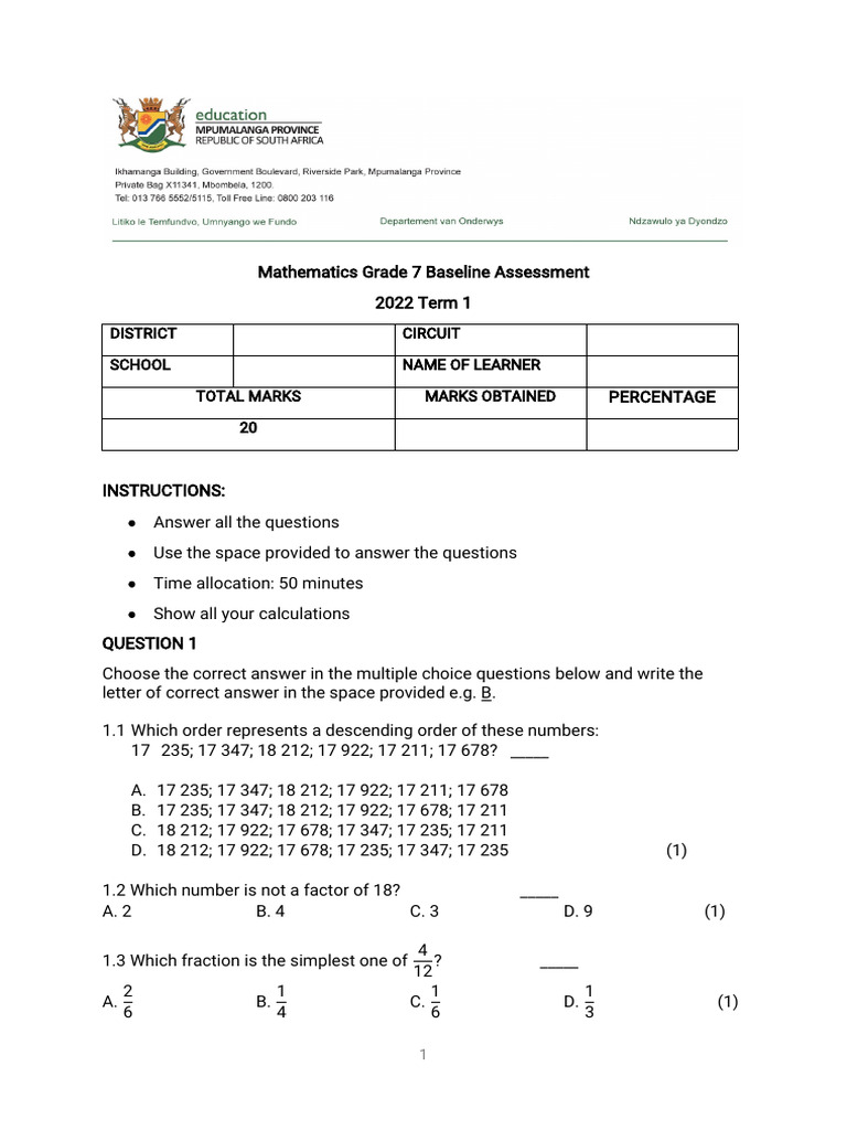 Grade 7 Math Baseline Assessment 2022 | PDF