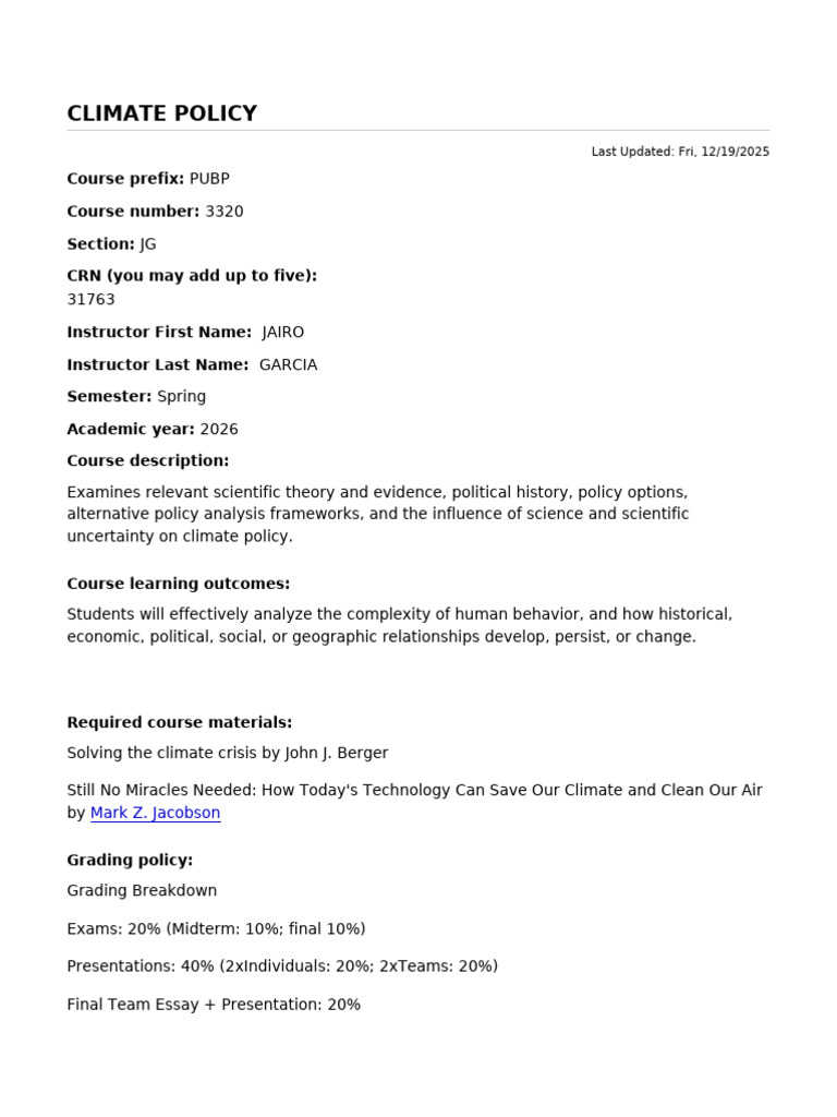 Climate Policy Course Overview 3320 | PDF | Academic Dishonesty