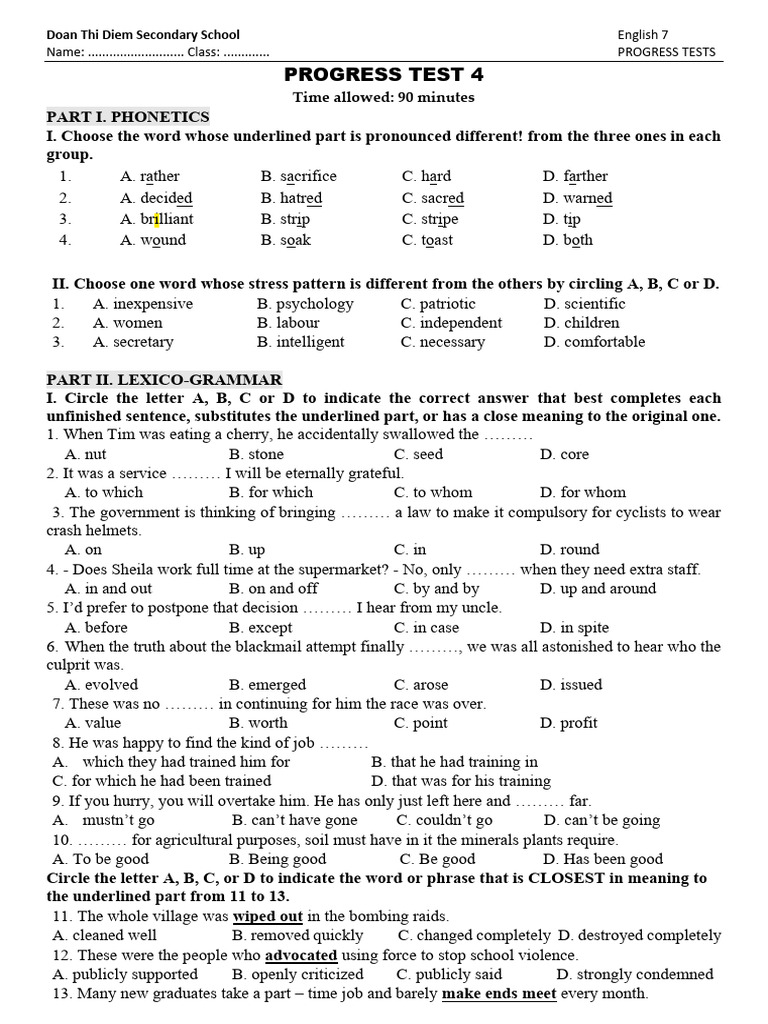 English 7 Progress Test 4 Overview | PDF