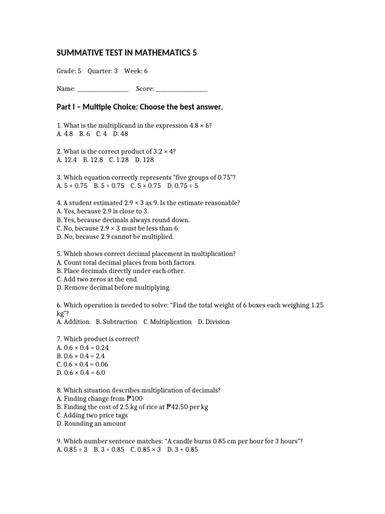 Mathematics 5 Summative Test Guide | PDF | Multiplication | Numbers