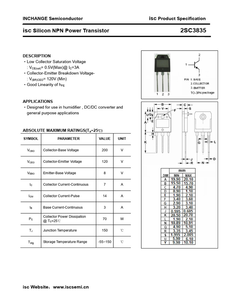 2SC3835 NPN Power Transistor Specs | PDF | Bipolar Junction Transistor ...