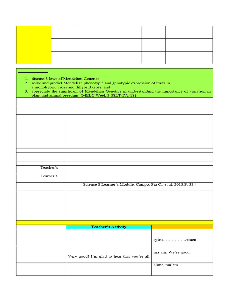 Grade 8 Mendelian Genetics Lesson Plan | PDF | Dominance (Genetics ...