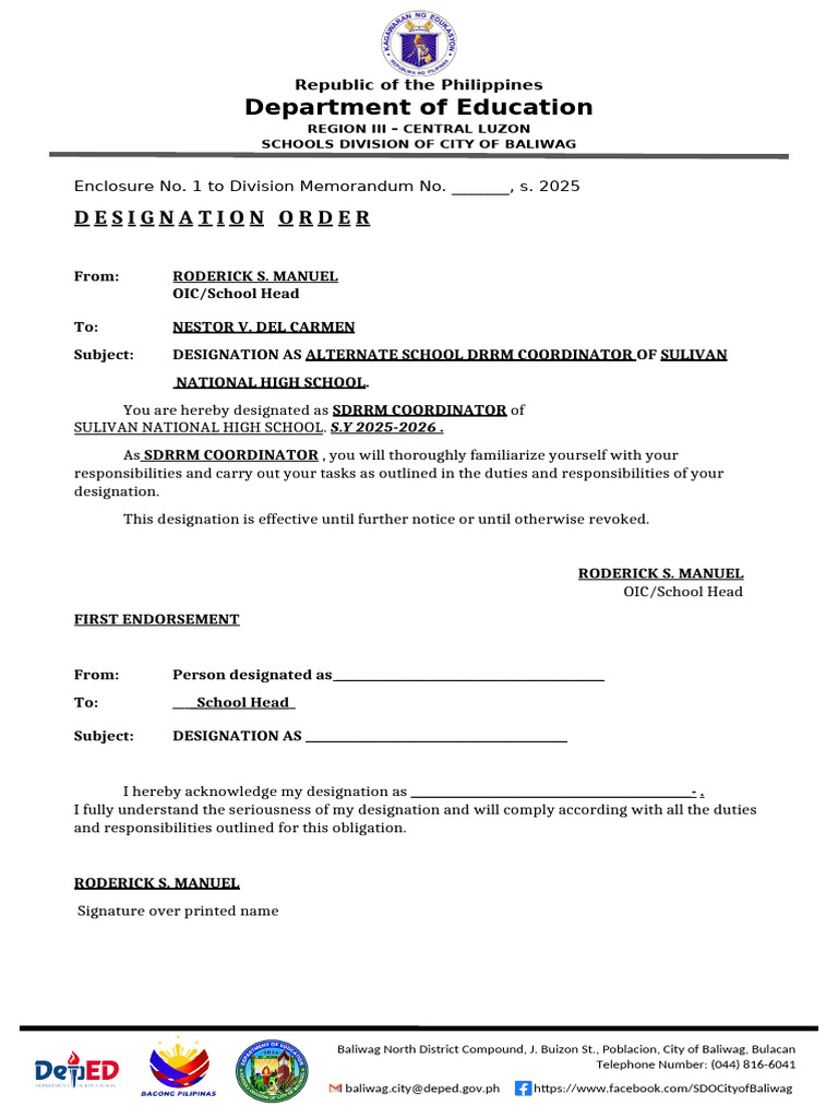 Designation Order for SDRRM Coordinator | PDF