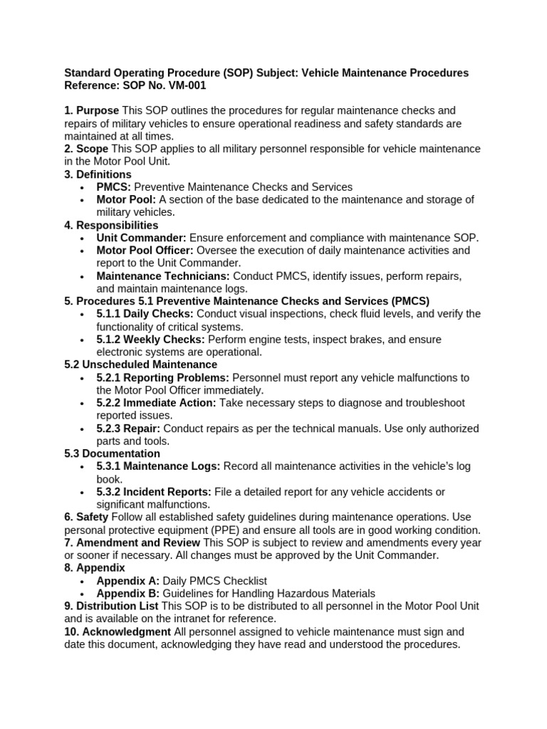 Military Vehicle Maintenance SOP | PDF | Vehicles | Safety