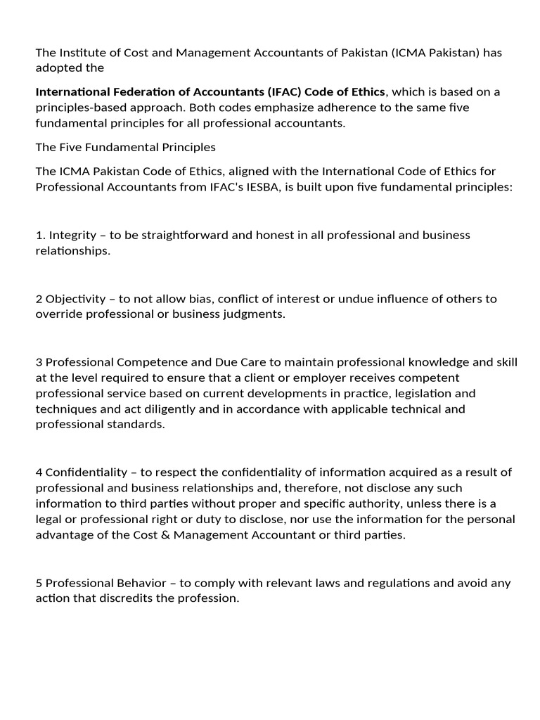 ICMA Pakistan Code of Ethics Overview | PDF | Conflict Of Interest ...