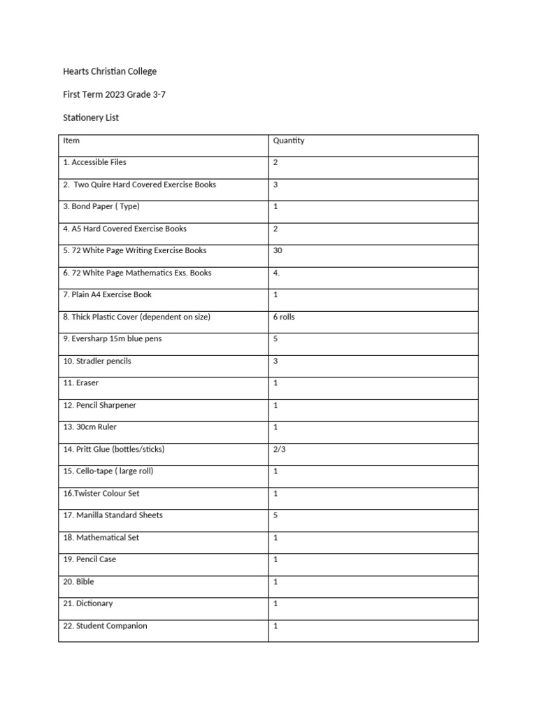 Grade 3-7 Stationery List (1) | PDF