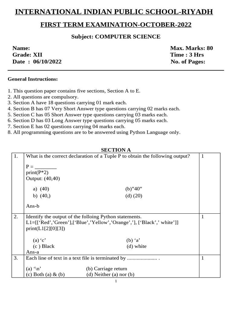 Computer Science Exam Paper - XII | PDF | Parameter (Computer ...