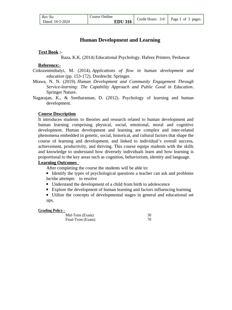 Human Development and Learning Course Outline | PDF | Psychology | Learning