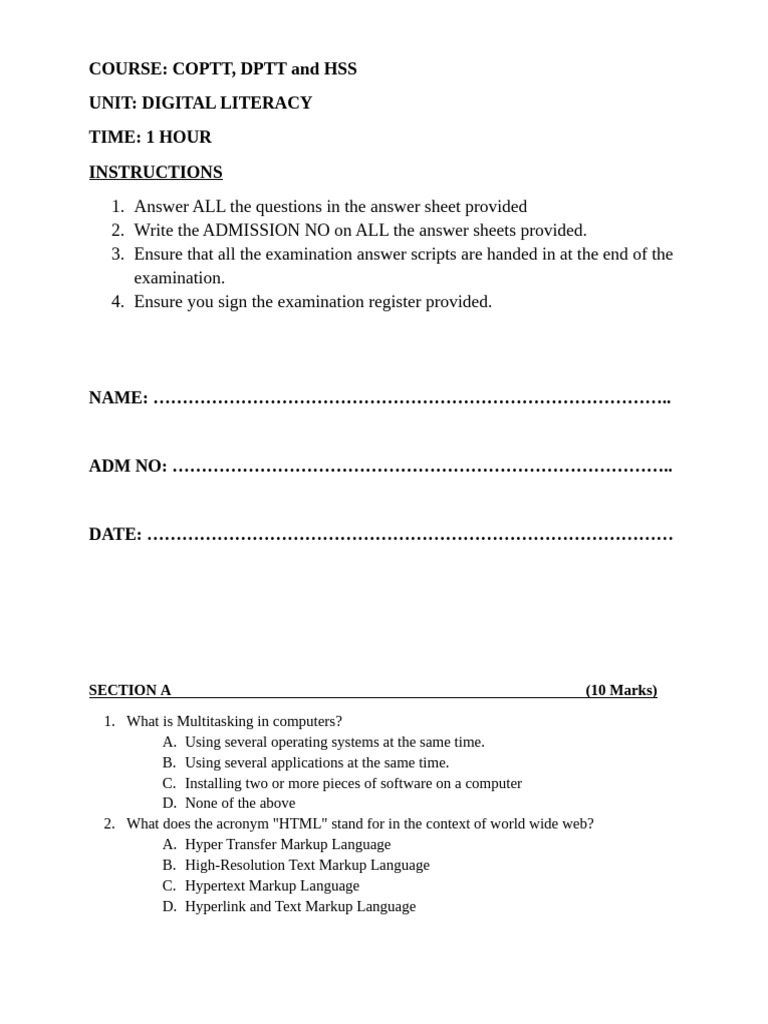 Digital Literacy Exam Questions Guide | PDF | World Wide Web | Internet ...