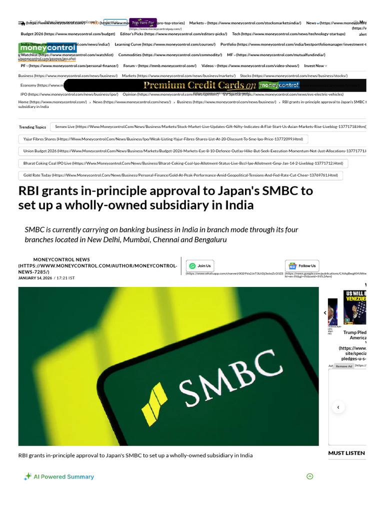 SMBC Approved for Subsidiary in India | PDF | Reserve Bank Of India ...