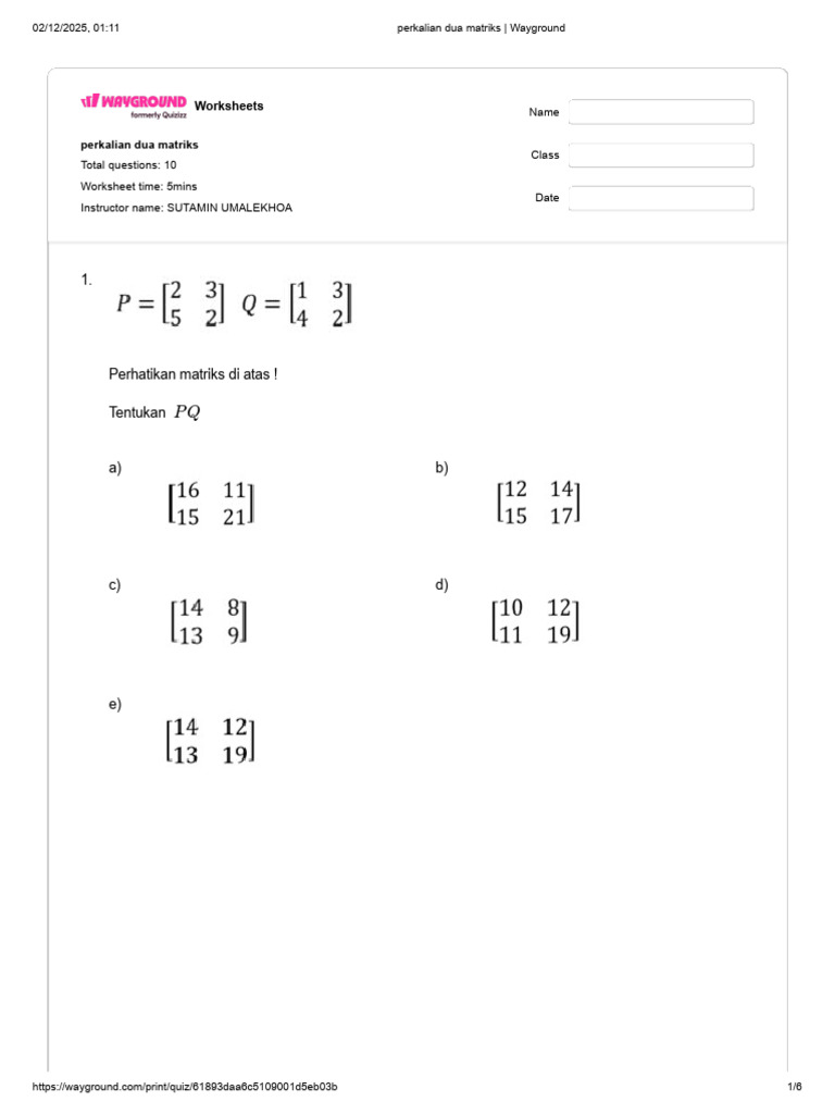 Latihan Perkalian Matriks 10 Soal | PDF