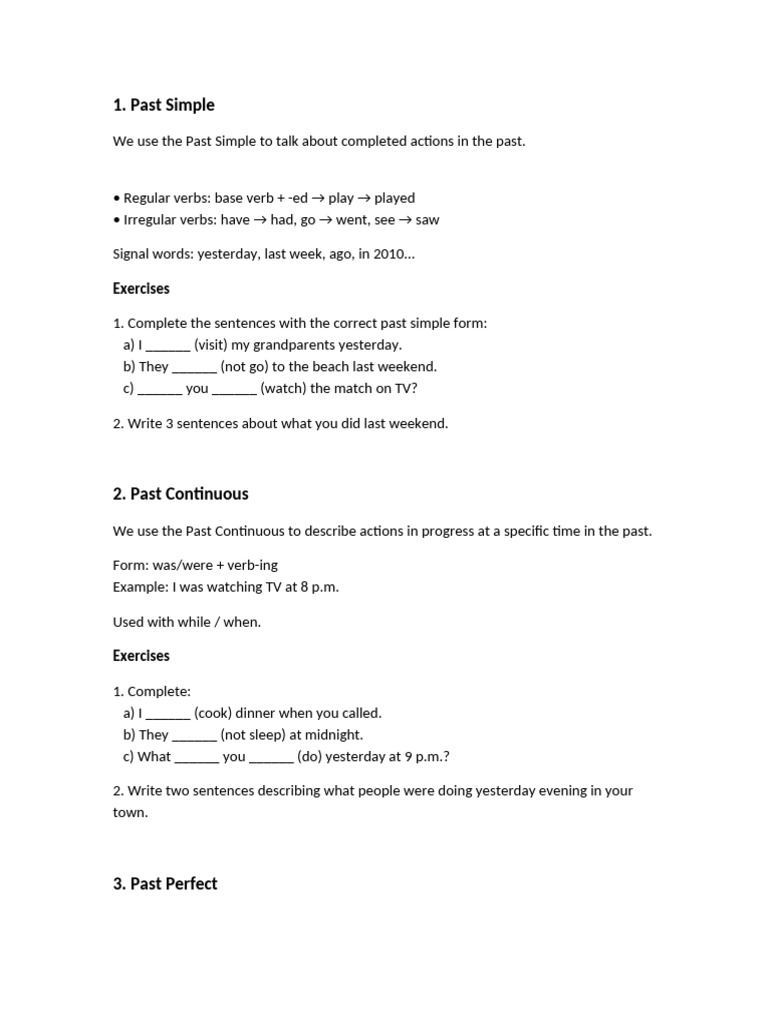 English Tenses: Past to Future Guide | PDF | Perfect (Grammar) | Verb