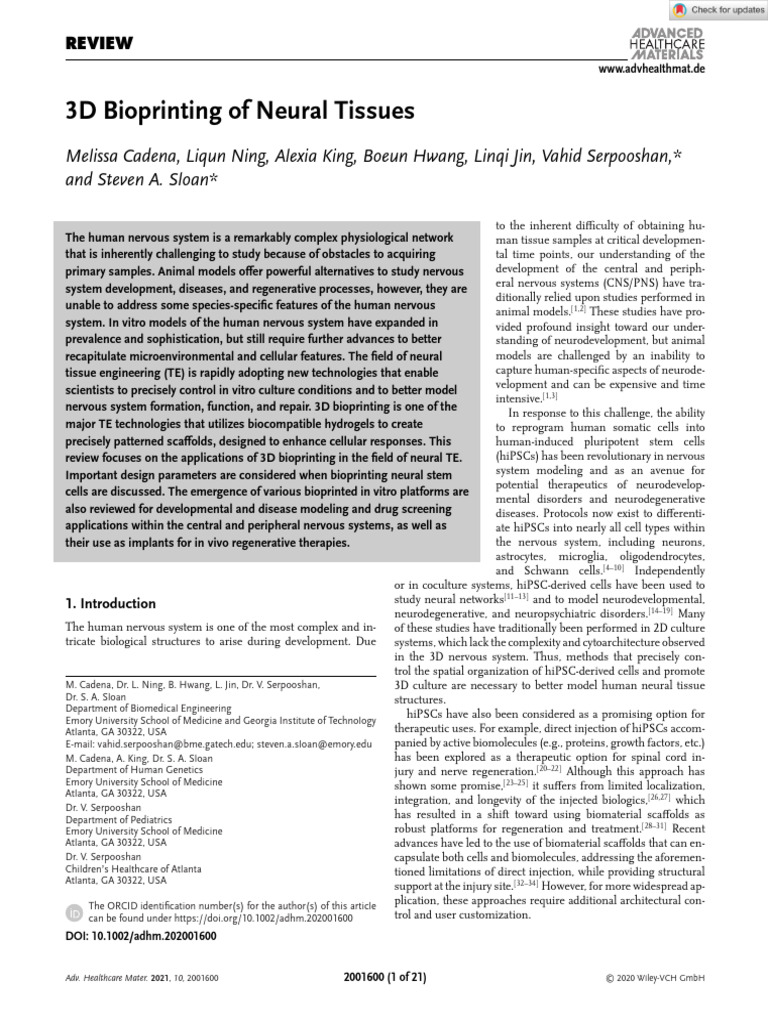 Adv Healthcare Materials - 2020 - Cadena - 3D Bioprinting of Neural ...
