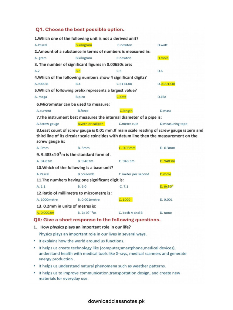 Class 9 Physics Unit 1 (Mcqs+Short+Long+Numerical Questions Answers) (2 ...