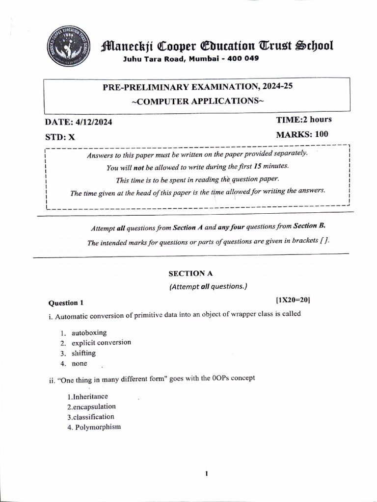 Computer Applications Pre-Preliminary Exam 2024 | PDF | Integer ...