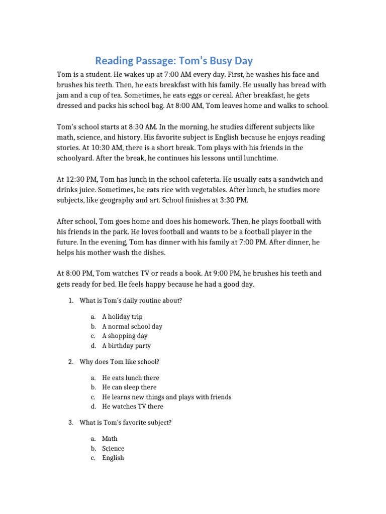 Tom's Daily Routine Explained | PDF | Lunch | Cooking