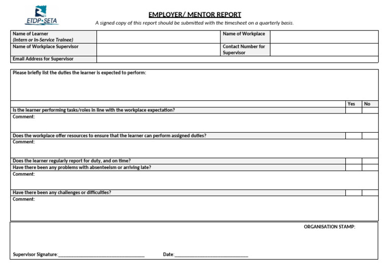 Quarterly Employer/Mentor Report Template | PDF