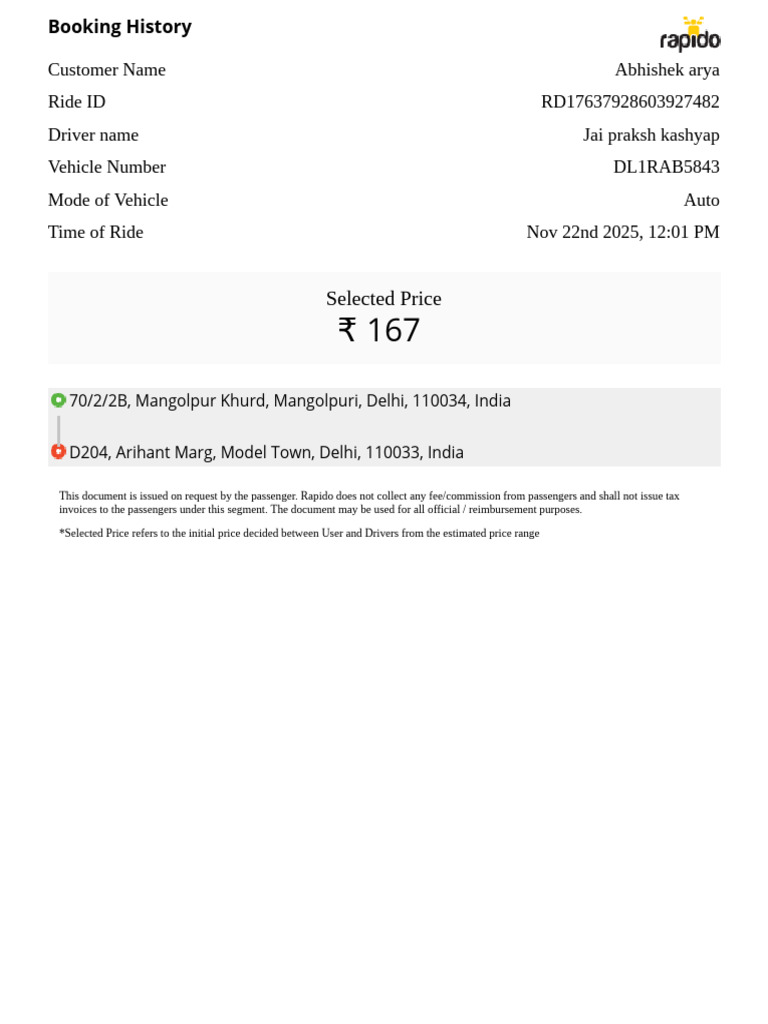 Rapido Ride Booking Receipt Details | PDF
