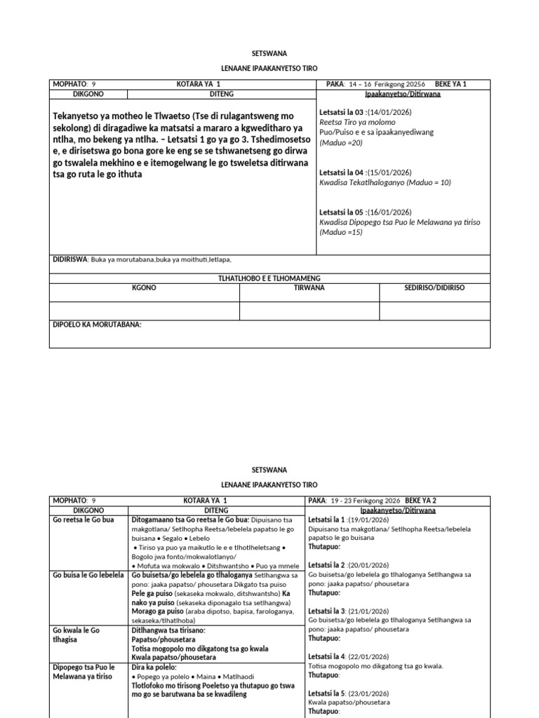 Setswana Lesson Plan 2026 Kotara Ya 1 Grade 9 - 081556 | PDF