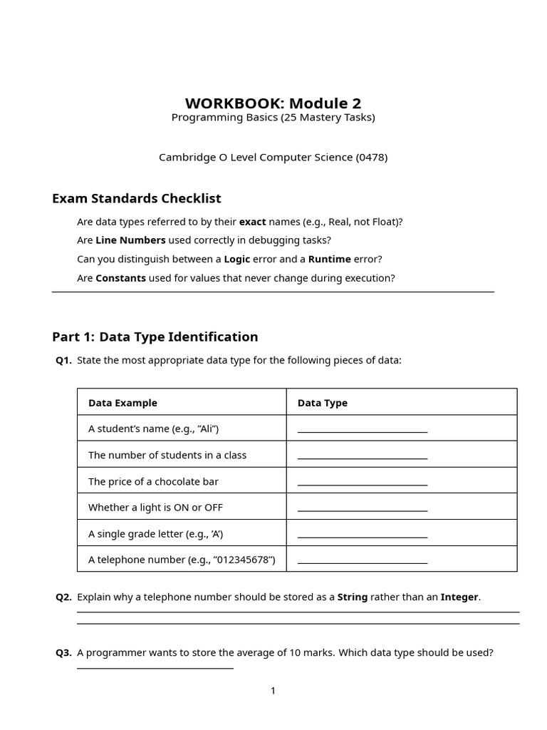 Programming Basics Workbook for O Level | PDF | Data Type | Variable ...