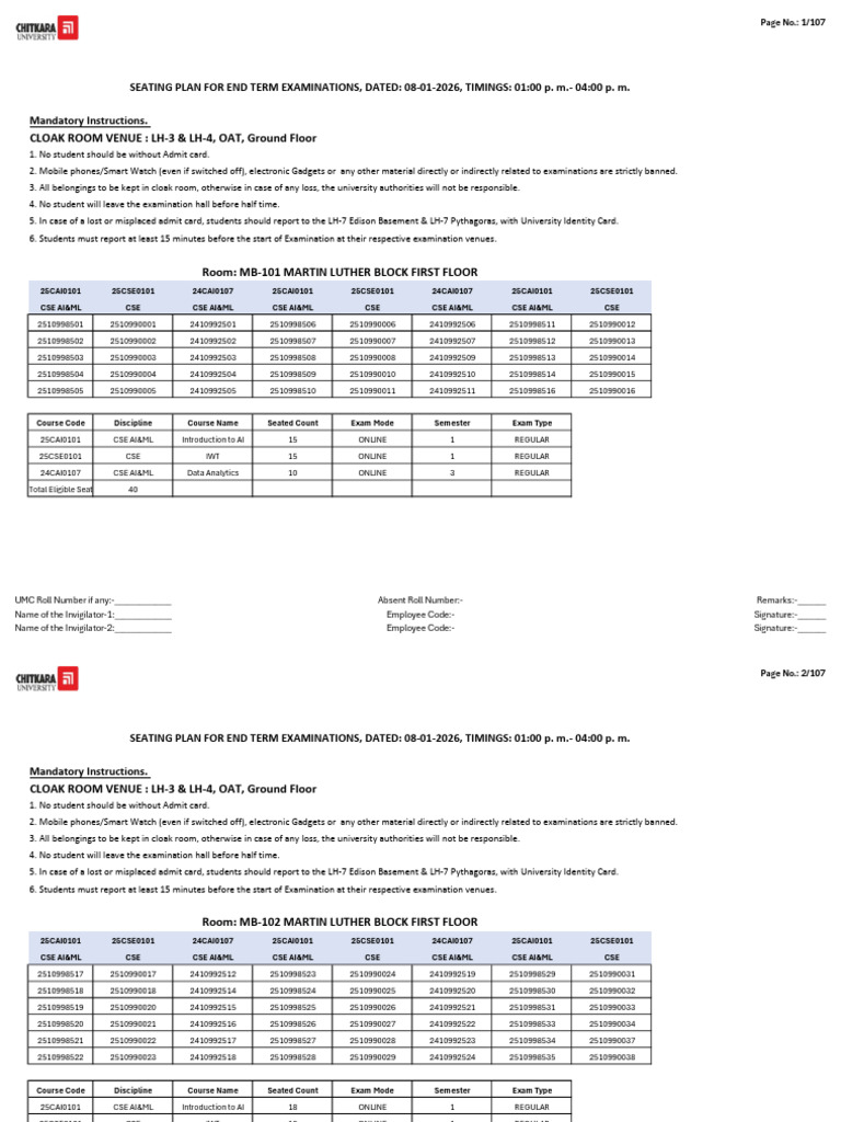 End Term Exam Instructions & Seating Plan | PDF | Identity Document