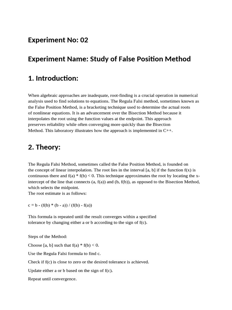 False Position Method in C++ Explained | PDF | Mathematical Relations ...