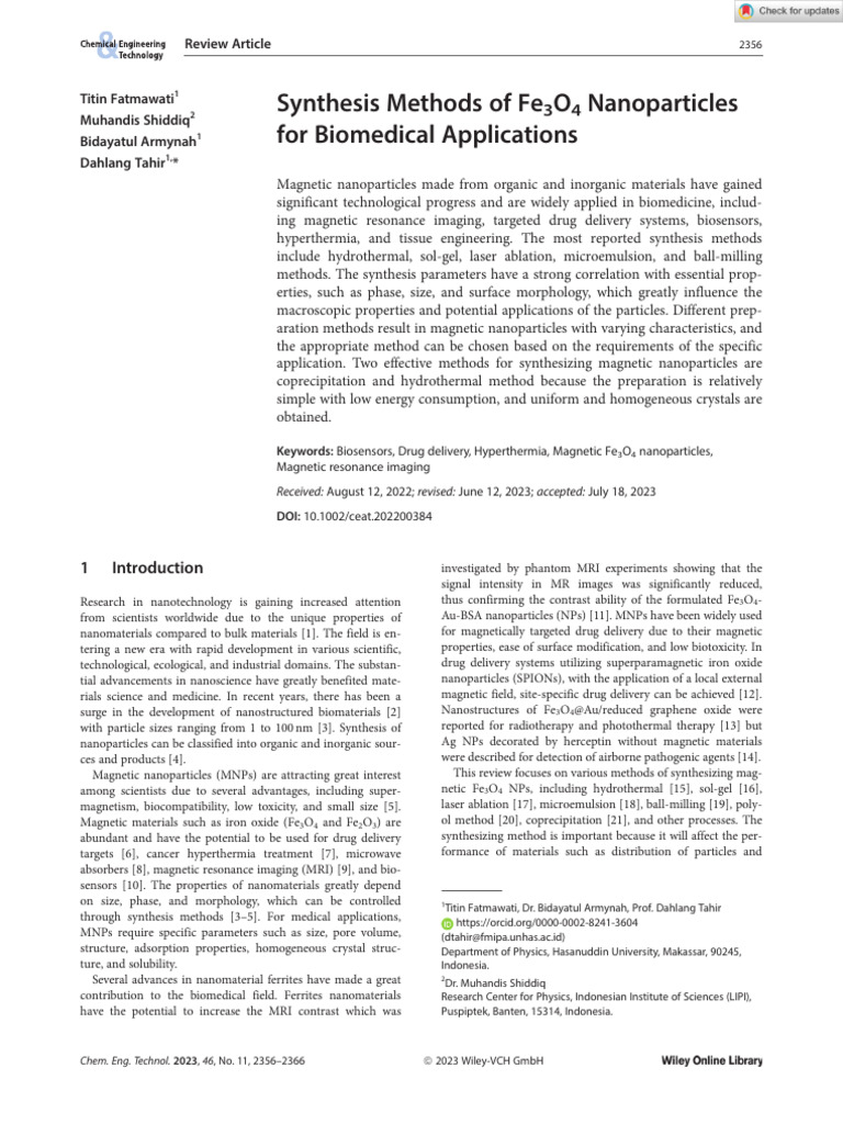 Chem Eng Technol - 2023 - Fatmawati - Synthesis Methods of Fe3O4 ...
