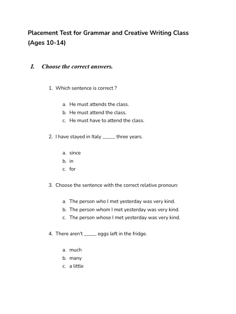 Grammar & Writing Placement Test for Ages 10-14 | PDF | Linguistics