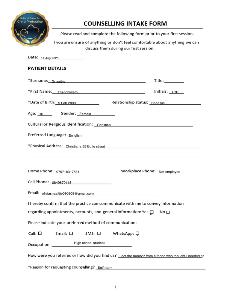 Counselling Intake Form Template | PDF