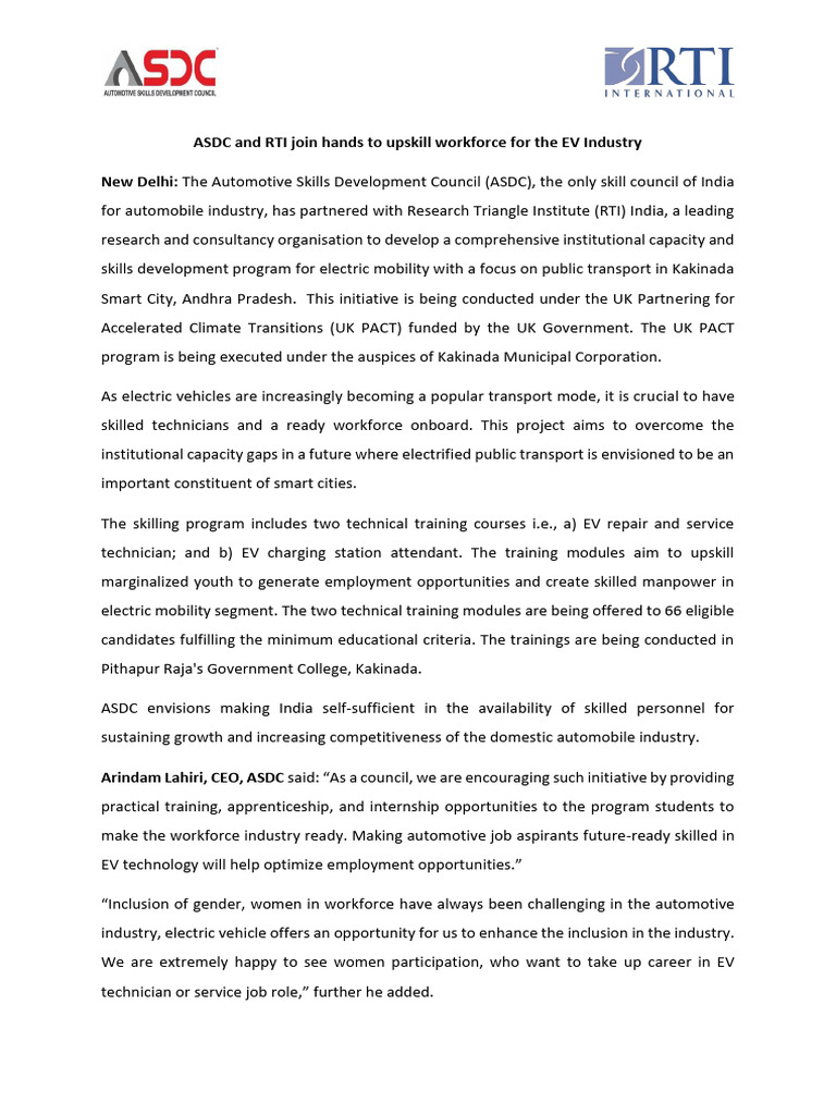 Press Release_ASDC and RTI Join Hands to Upskill Workforce-1 | PDF ...