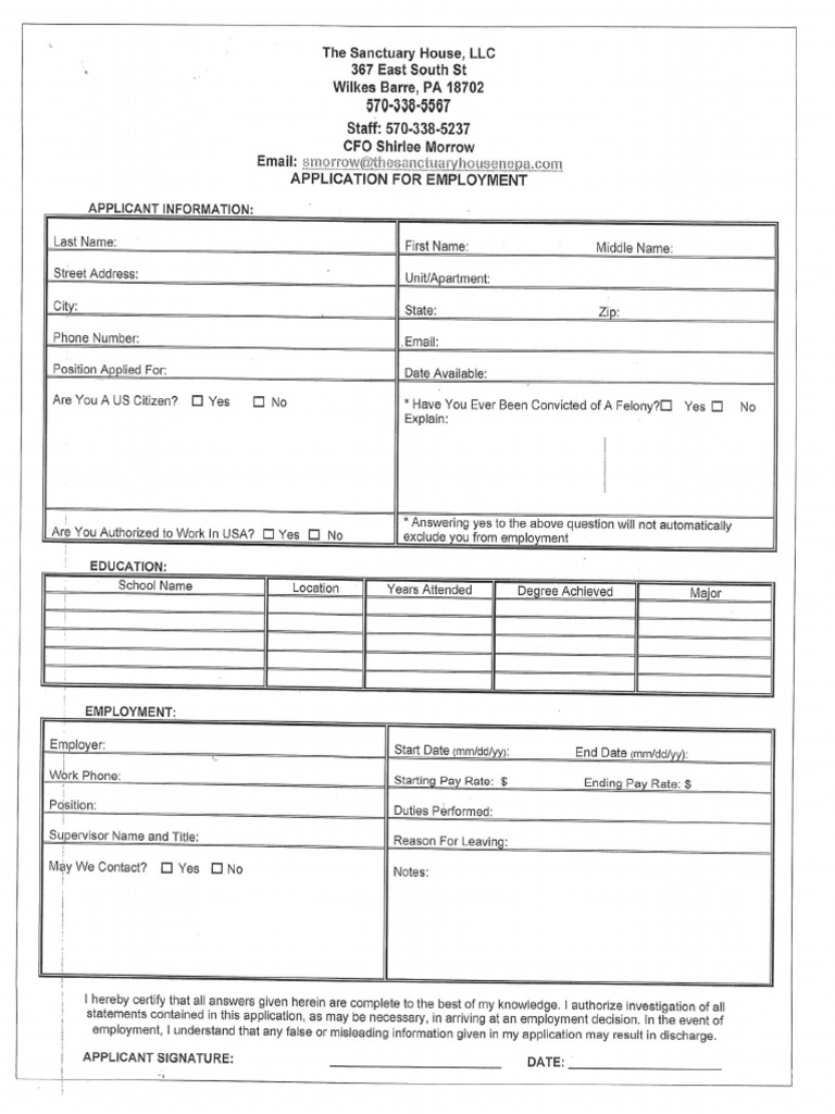 Sanctuary House Employment Application | PDF