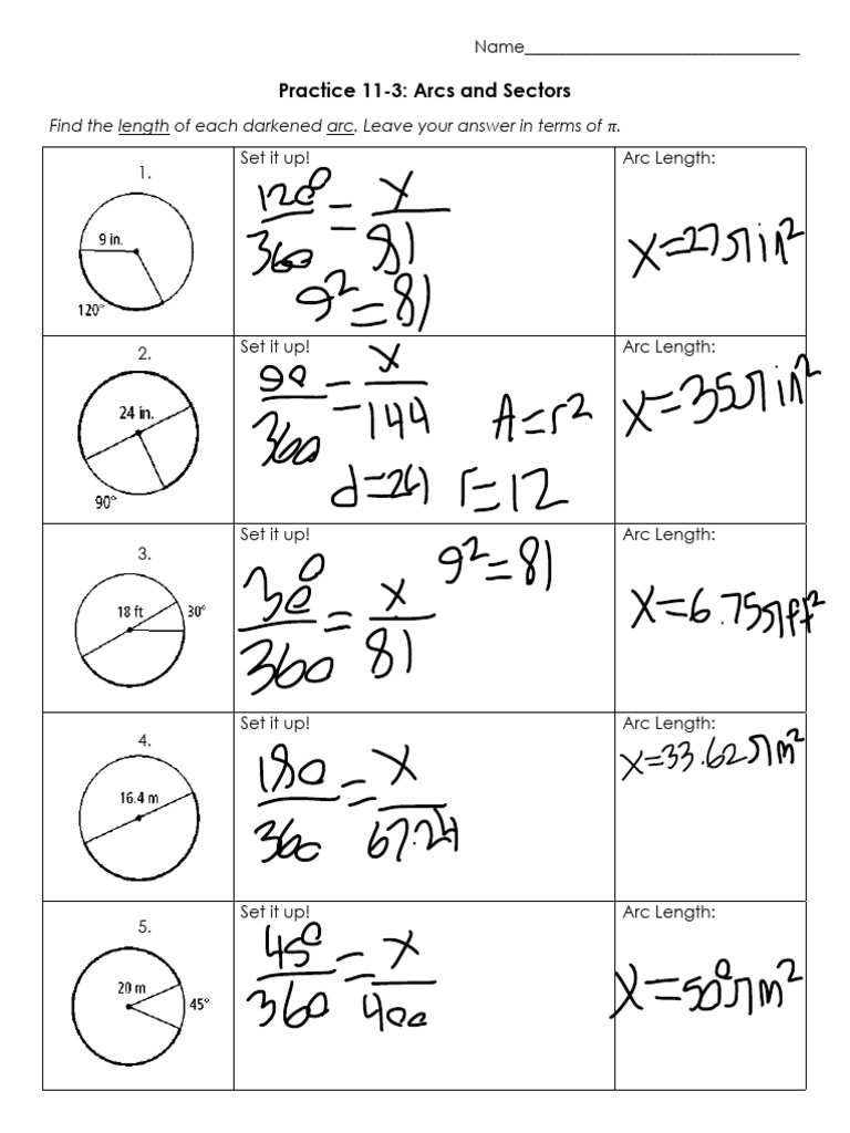 Arc Lengths and Sector Areas Practice | PDF