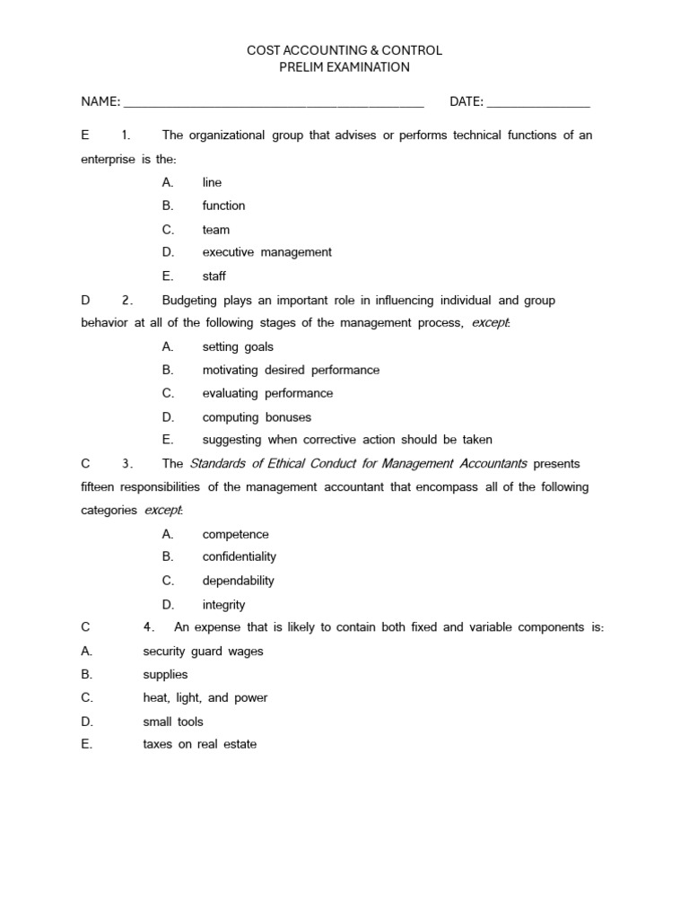 Cost Accounting Control - Answer Key Prelim Exam | PDF | Inventory ...