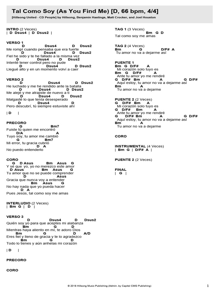 Tal Como Soy - Letra de Hillsong | PDF