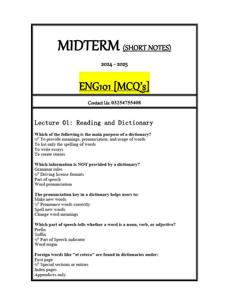 ENG101 Midterm Study Notes 2024-2025 | PDF | English Language | Speed ...