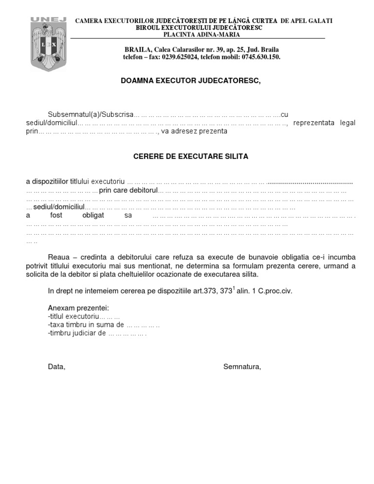 Cerere Executare Silita