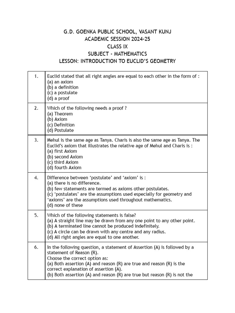 2024 25 Class Ix Euclid s Geometry Worksheet | PDF | Axiom ...