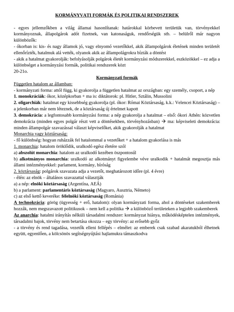 2.1. Kormányvati Formák És Politikai Rendszerek | PDF