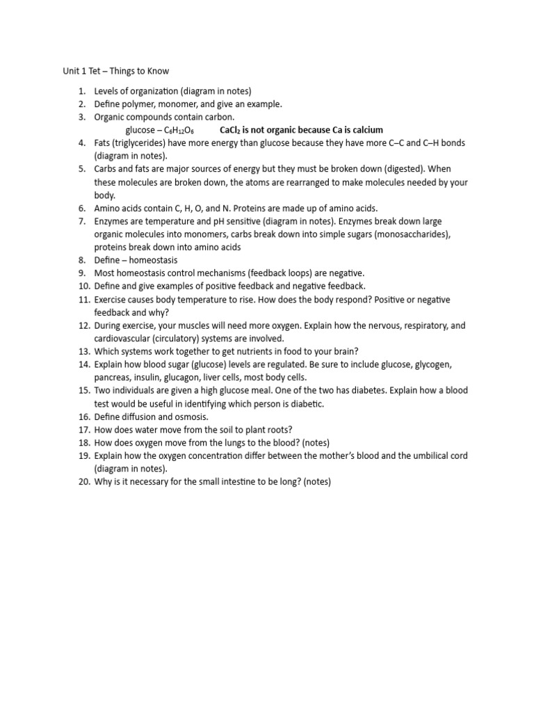 ALEXANDER KELLY - Unit 1 Test Things to Know.docx | PDF | Homeostasis ...