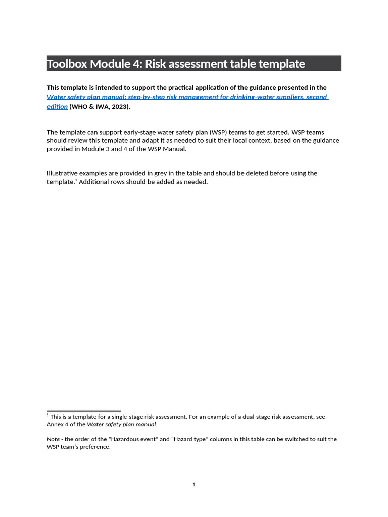 Water Safety Plan Risk Assessment Template | PDF | Risk | Risk Assessment